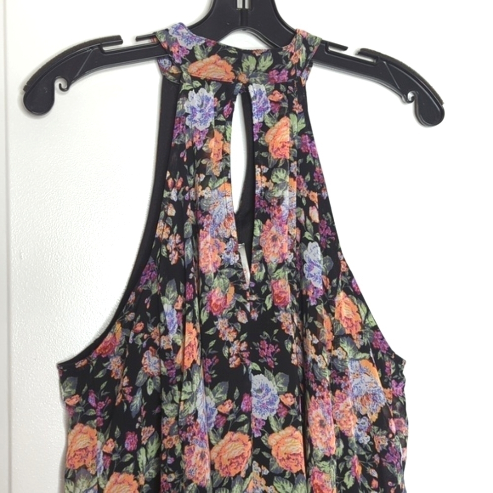 My Story Sleeveless Lined Dark Floral Halter Mini Dress Keyhole Front Back L - Picture 4 of 13